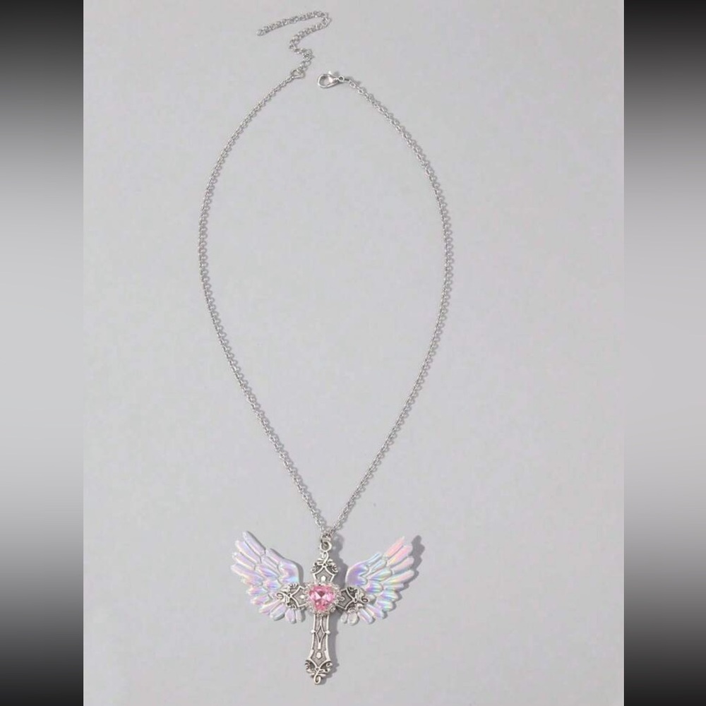 ✝️  CROSS WITH IRIDESCENT ANGEL WINGS NECKLACE WITH PINK HEART RHINESTONE.  ✝️ - Picture 2 of 5
